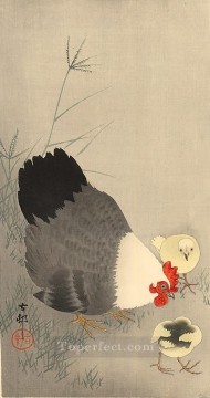 gallina y dos polluelos en la hierba aves Ohara Koson Pinturas al óleo